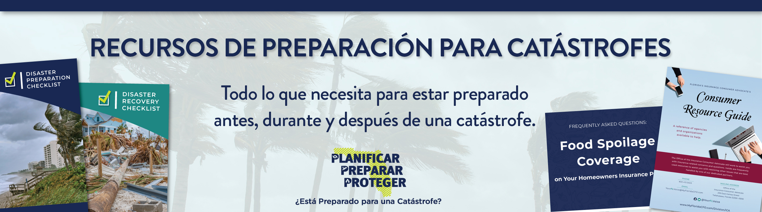 Pila de guías de recursos. Recursos de Preparación para Catástrofes. Todo lo que necesita para estar preparado antes, durante y después de una tormenta.