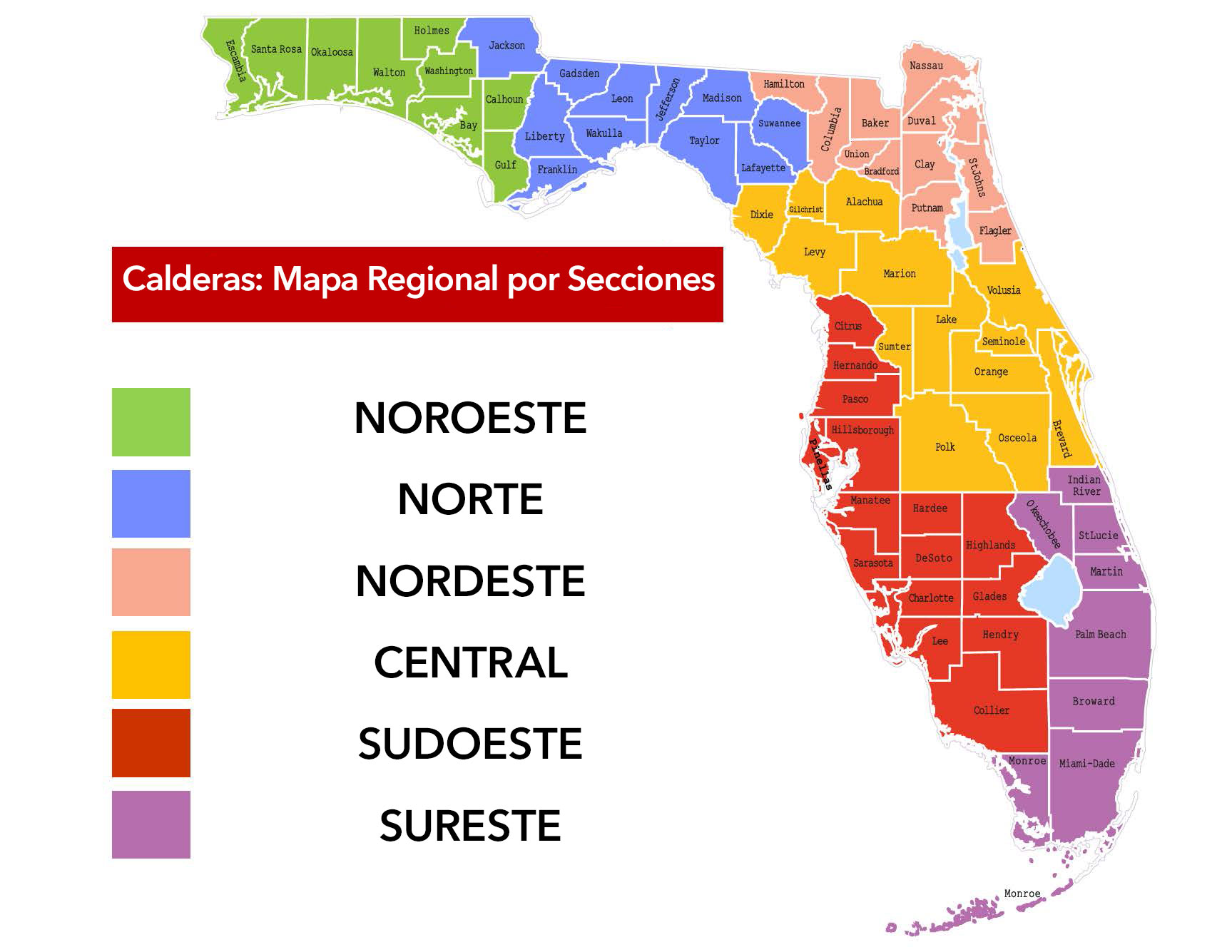 Regiones de calderas codificadas por color según el condado